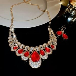 Fashion Jewelry Necklace Earrings Water Drop Faux Ruby Gem Pendant 2 Pcs Set
